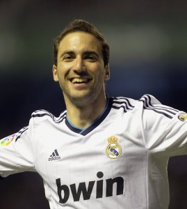 Real Madrid's Higuain celebrates goal against Athletic Bilbao during Spanish first division soccer match in Bilbao